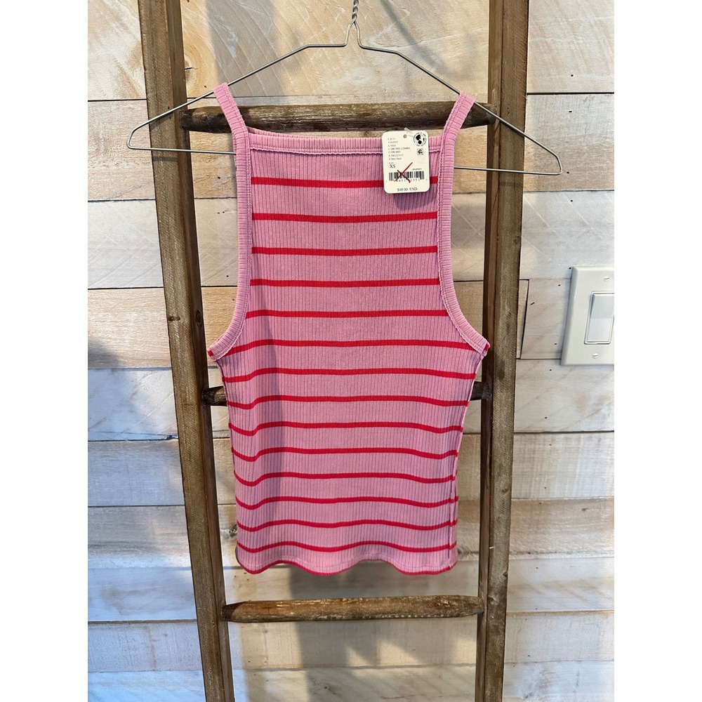 Free People We The Free Pink Red Striped Ribbed Tank Top Square Neck XS NEW